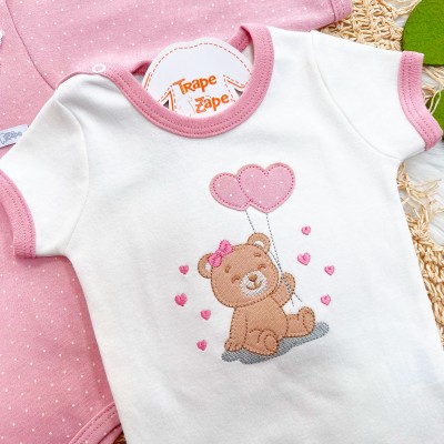  CONJ. DE MALHA 3 PEÇAS - Ursinha com Balões de Coração e Gola Gripyr - Rose e Off White